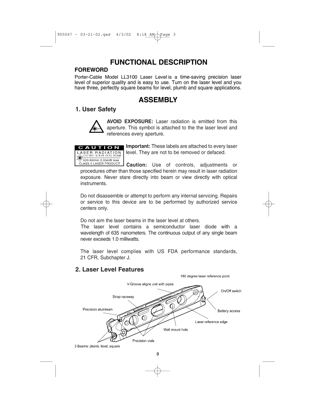 Porter-Cable LL3100 instruction manual User Safety, Laser Level Features 