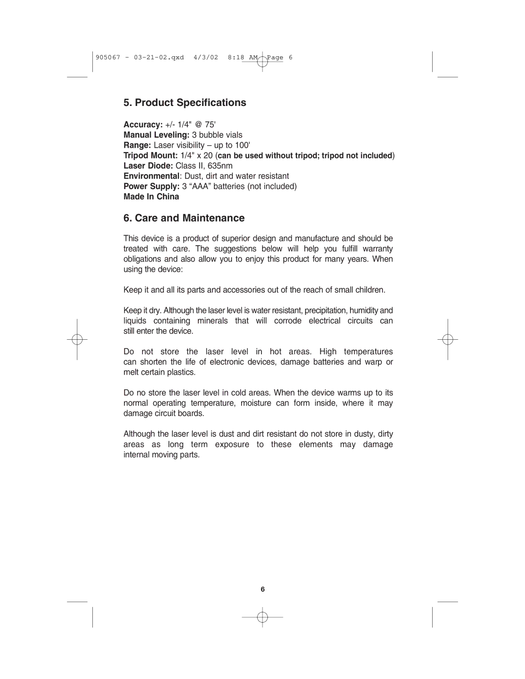 Porter-Cable LL3100 instruction manual Product Specifications, Care and Maintenance 