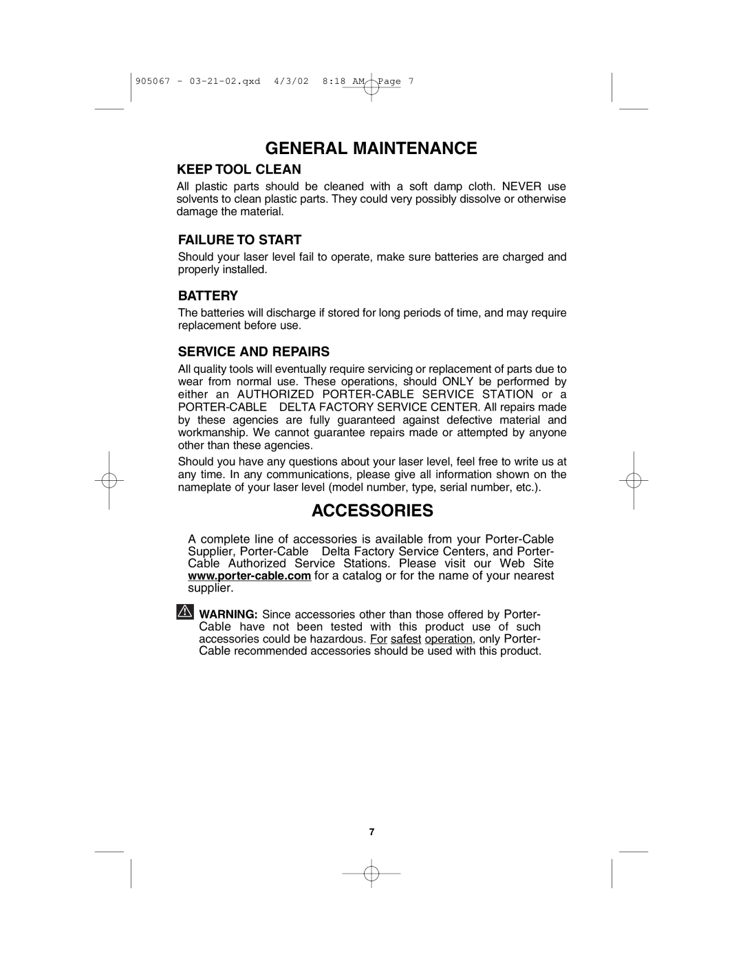 Porter-Cable LL3100 instruction manual General Maintenance 