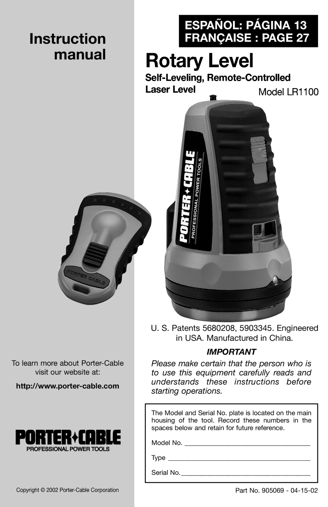 Porter-Cable LR1100 instruction manual Self-Leveling, Remote-Controlled, Laser Level 