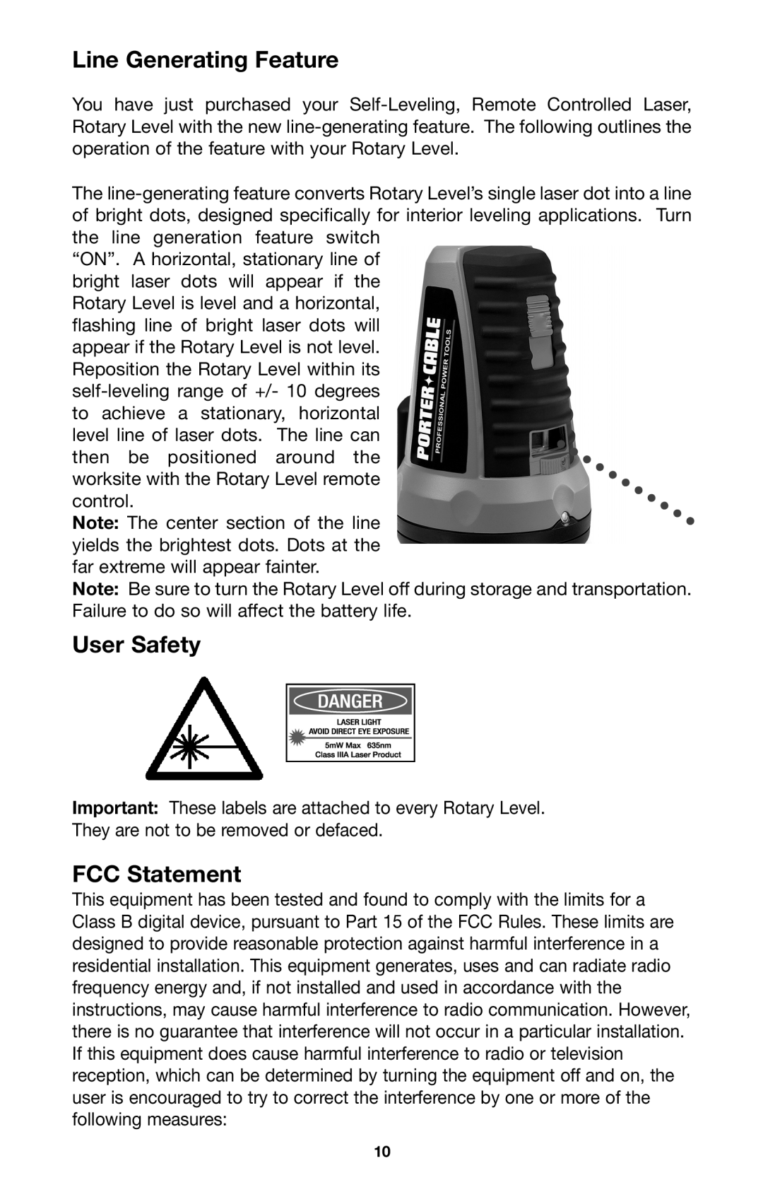 Porter-Cable LR1100 instruction manual Line Generating Feature, User Safety, FCC Statement 