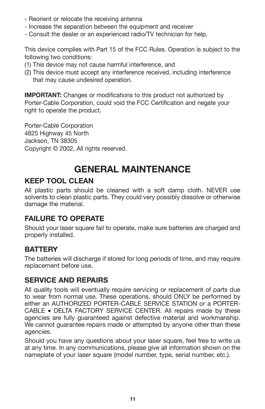 Porter-Cable LR1100 General Maintenance, Keep Tool Clean, Failure to Operate, Battery, Service and Repairs 