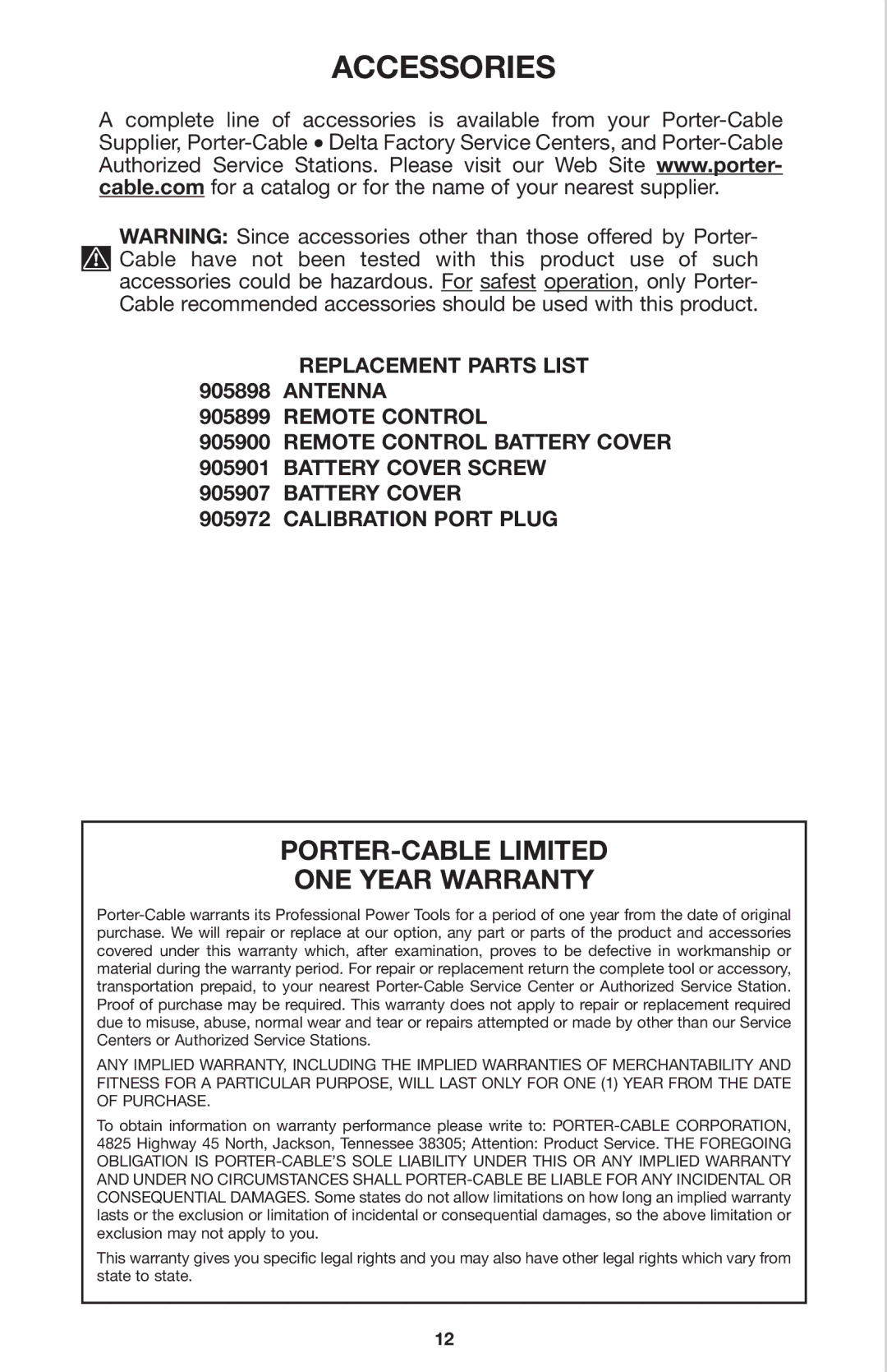 Porter-Cable LR1100 instruction manual Accessories 