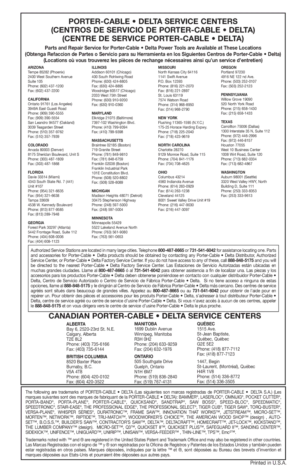 Porter-Cable LR1100 instruction manual Canadian PORTER-CABLE Delta Service Centers 