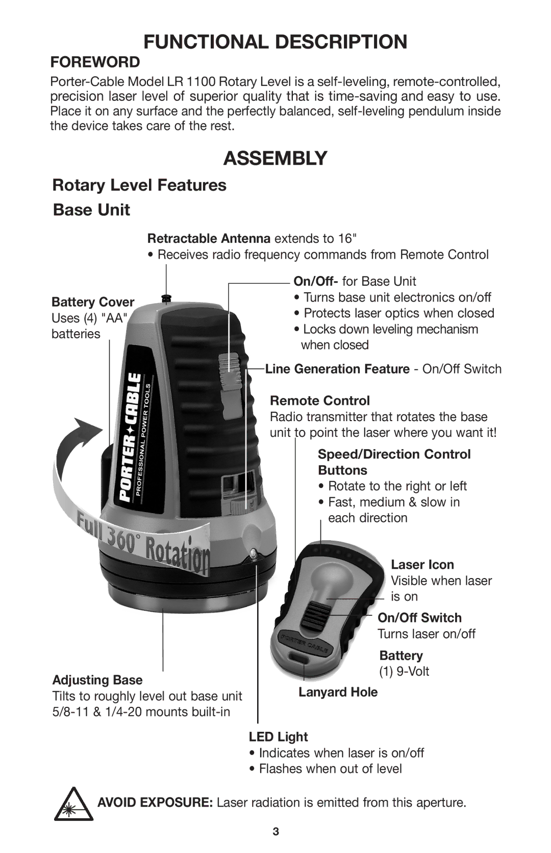 Porter-Cable LR1100 instruction manual Functional Description, Assembly, Rotary Level Features Base Unit, Foreword 