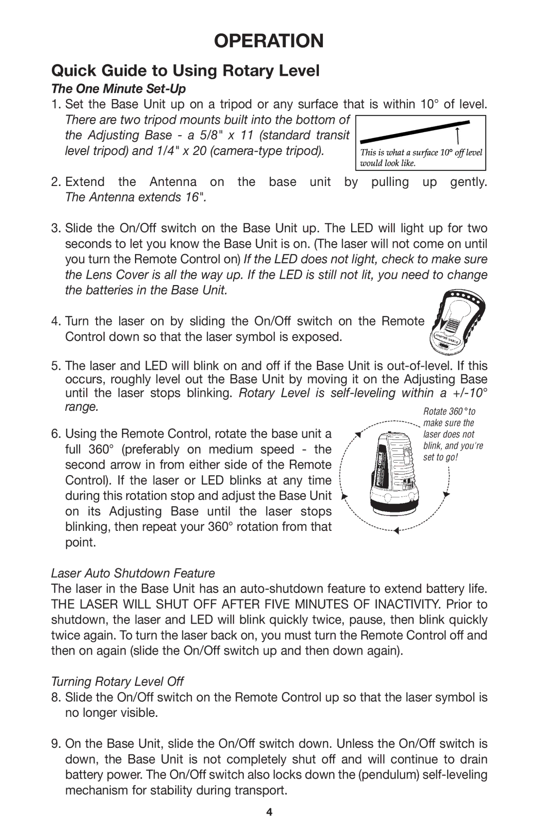 Porter-Cable LR1100 instruction manual Operation, Quick Guide to Using Rotary Level 