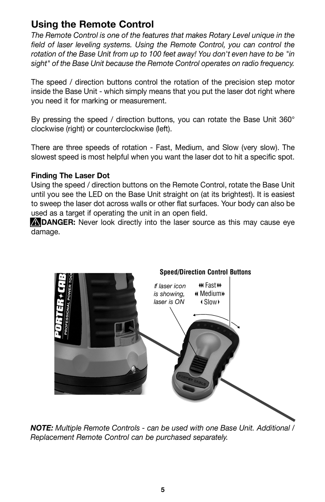 Porter-Cable LR1100 instruction manual Using the Remote Control, Finding The Laser Dot 