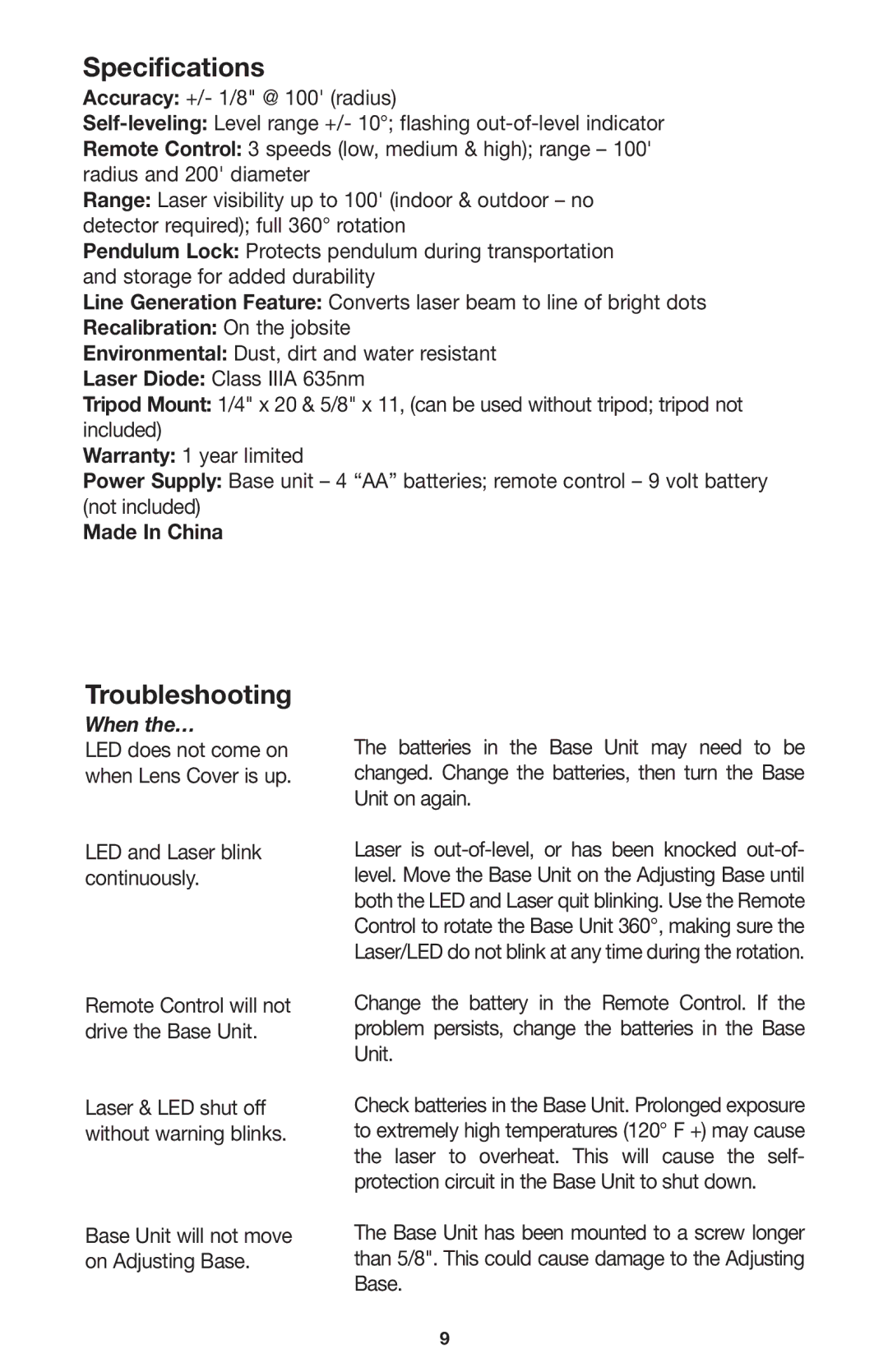 Porter-Cable LR1100 instruction manual Specifications, Troubleshooting, Recalibration On the jobsite, Made In China 