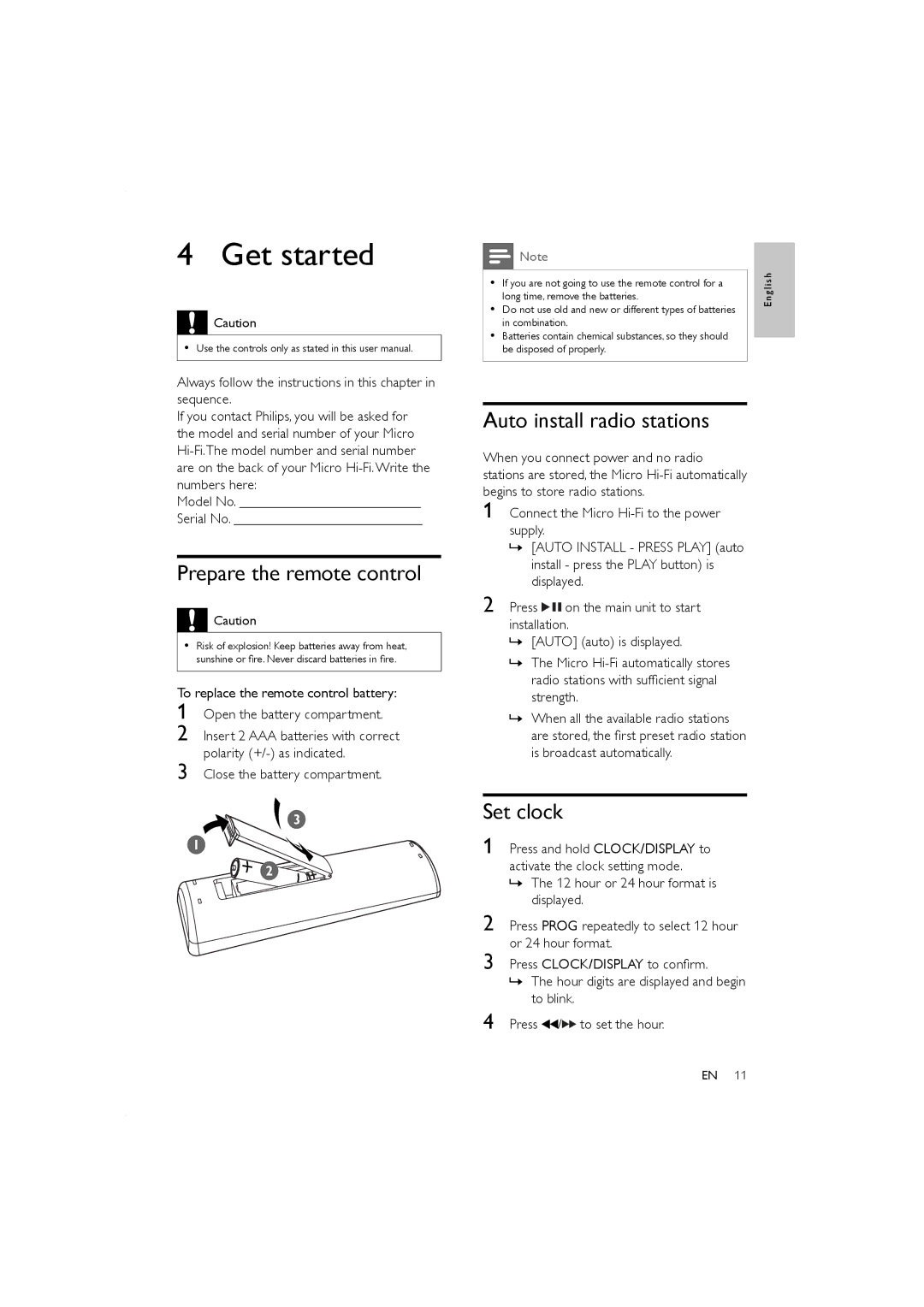 Porter-Cable MCM166, MCM155 user manual Get started, Prepare the remote control, Auto install radio stations, Set clock 