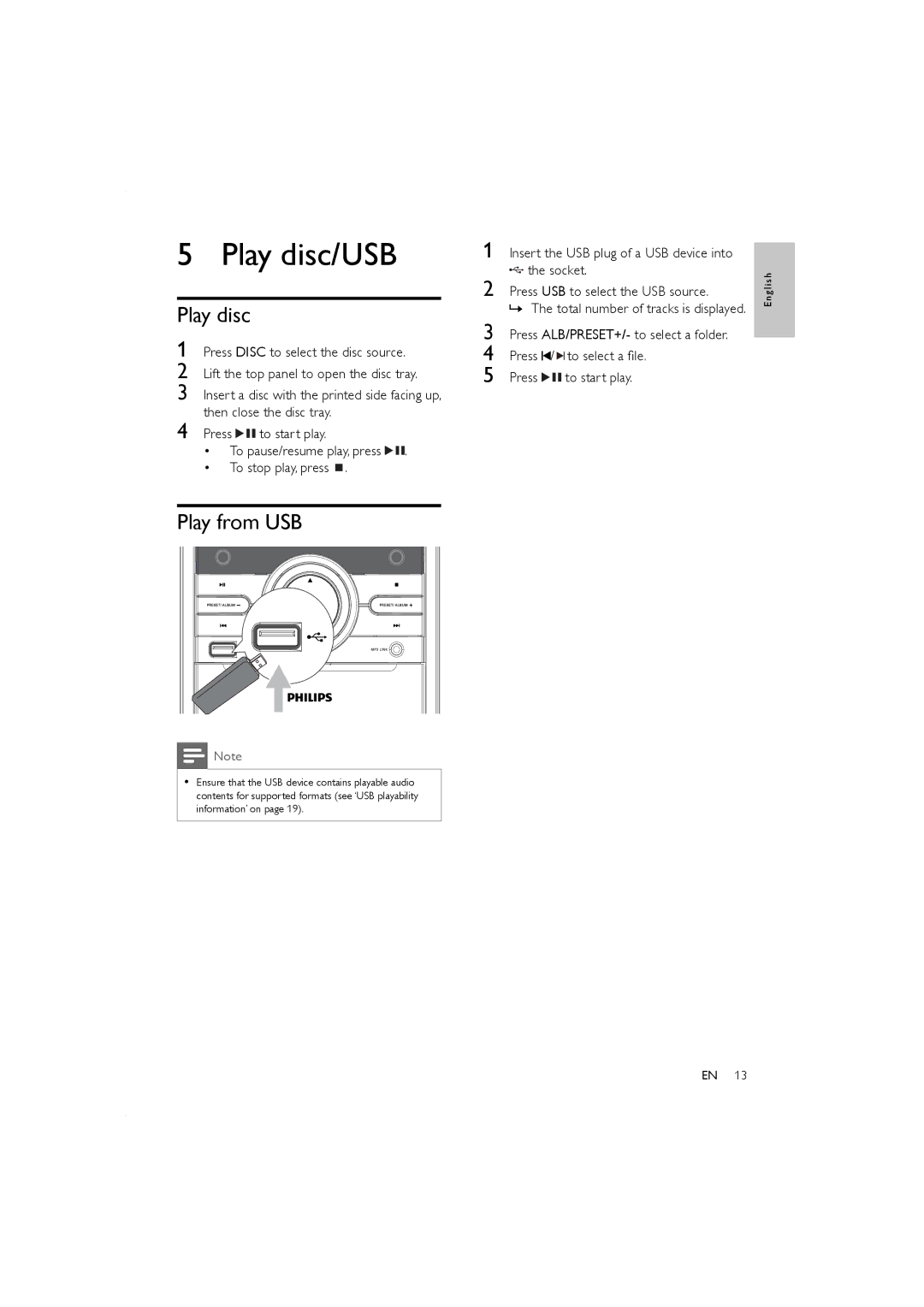 Porter-Cable MCM166, MCM155 user manual Play disc/USB, Play from USB 