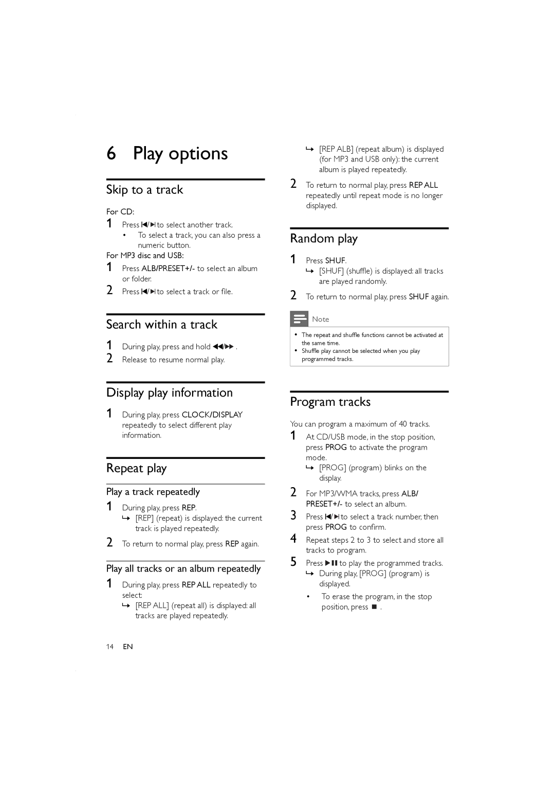 Porter-Cable MCM155, MCM166 user manual Play options 