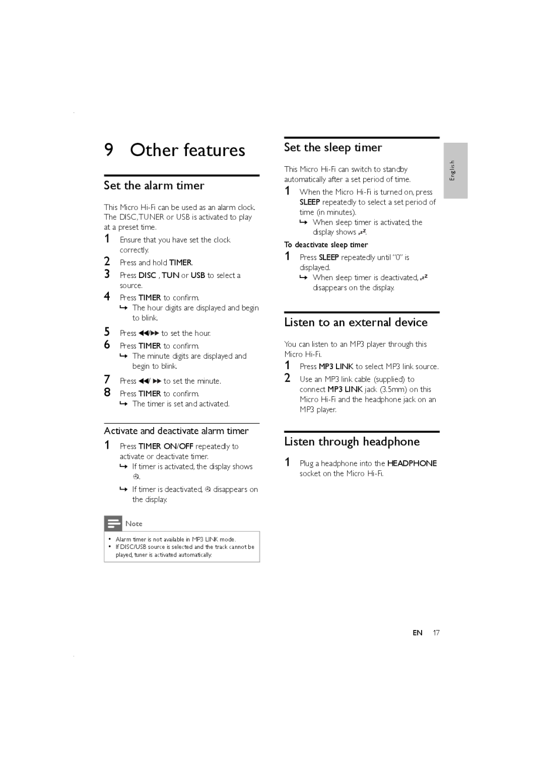 Porter-Cable MCM166, MCM155 Other features, Set the alarm timer, Set the sleep timer, Listen to an external device 