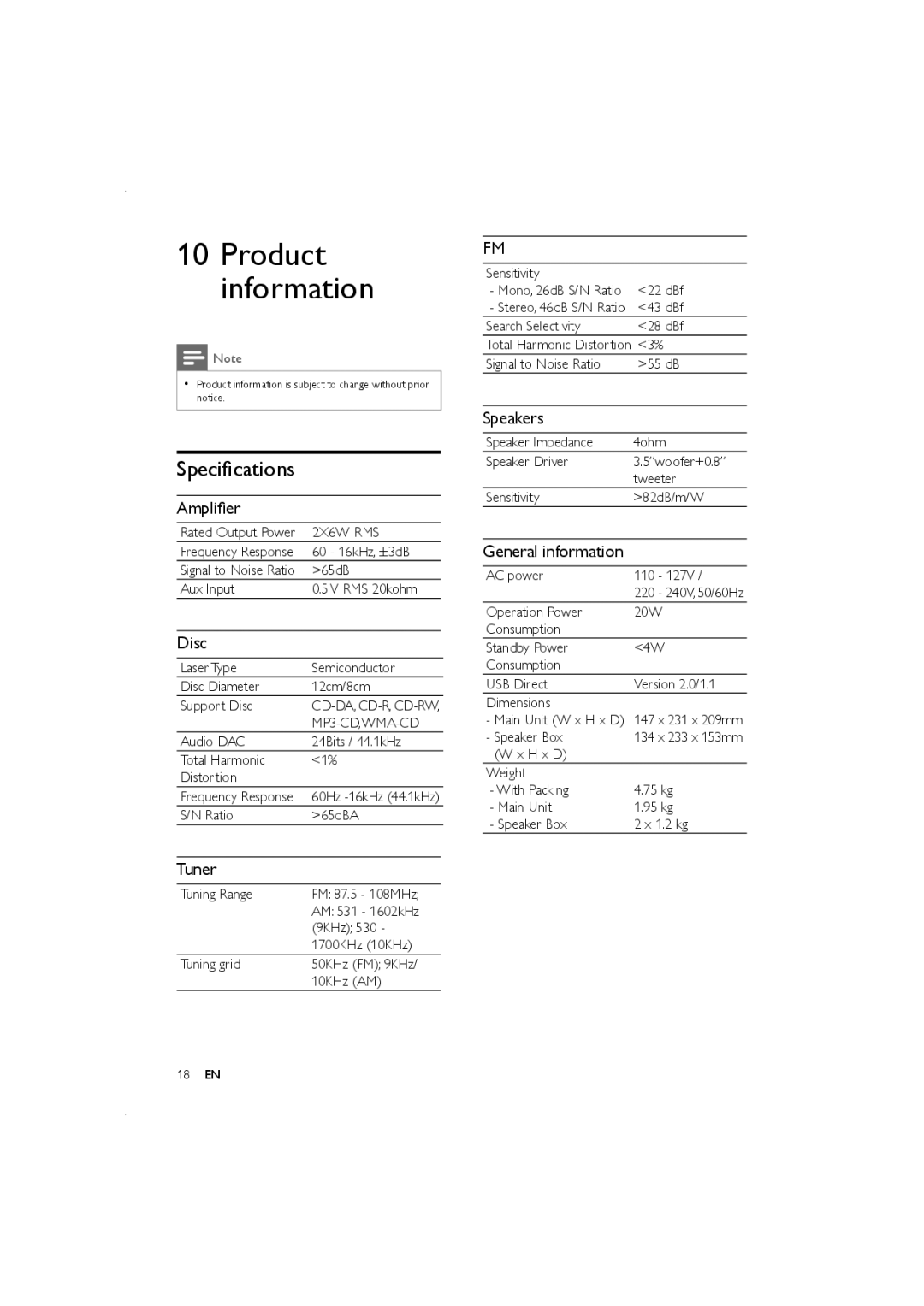 Porter-Cable MCM155, MCM166 user manual Product information, Speciﬁcations 