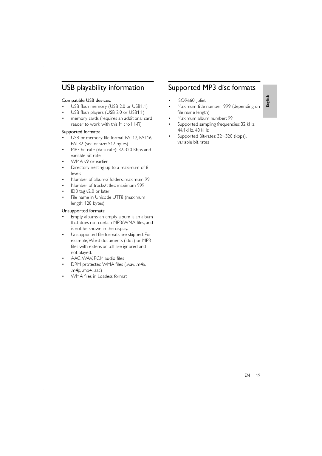 Porter-Cable MCM166, MCM155 user manual USB playability information, Supported MP3 disc formats 