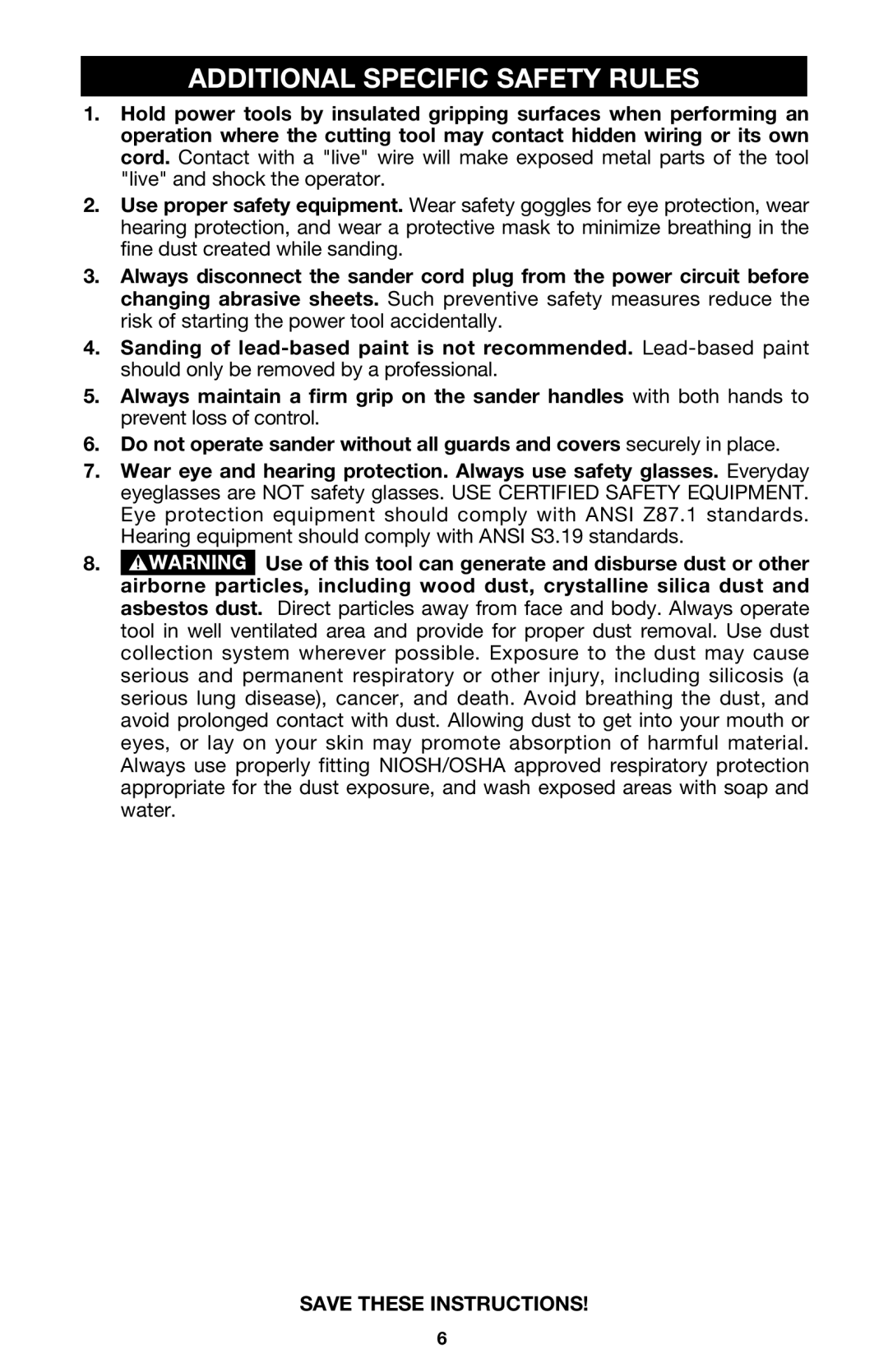 Porter-Cable MODEL 505 instruction manual Additional Specific Safety Rules 