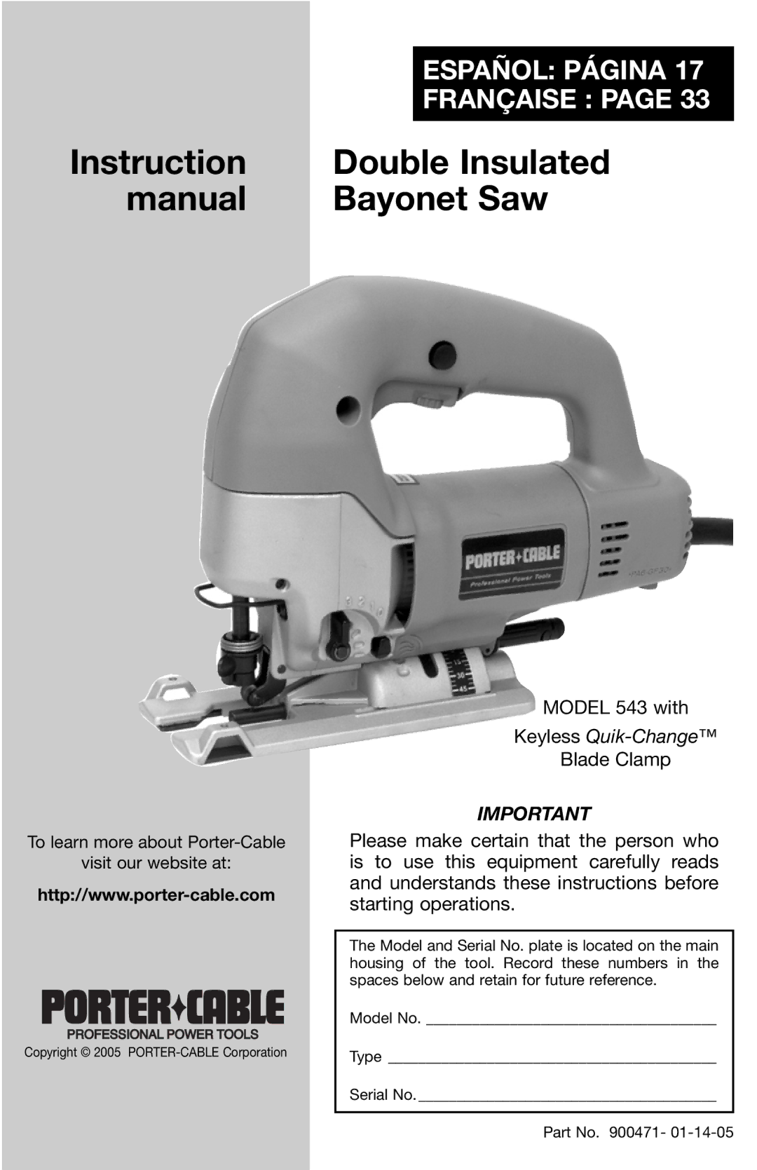 Porter-Cable Model 543 instruction manual Double Insulated 