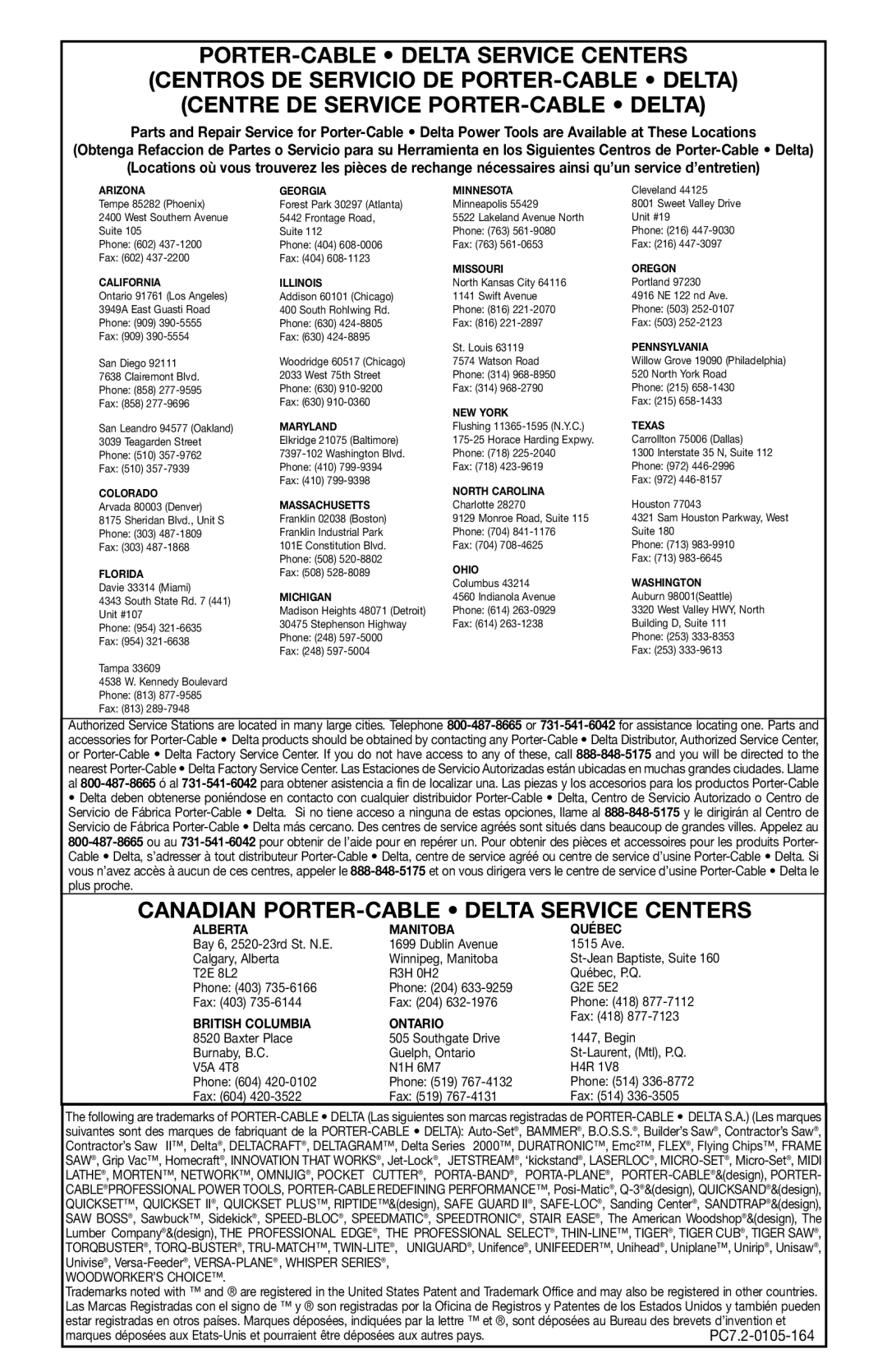 Porter-Cable Model 543 instruction manual Canadian PORTER-CABLE Delta Service Centers 