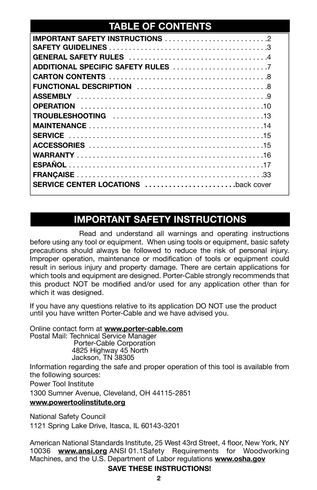 Porter-Cable Model 543 instruction manual Table of Contents, Important Safety Instructions 