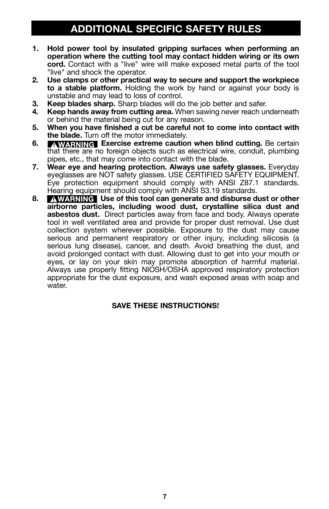 Porter-Cable Model 543 instruction manual Additional Specific Safety Rules 