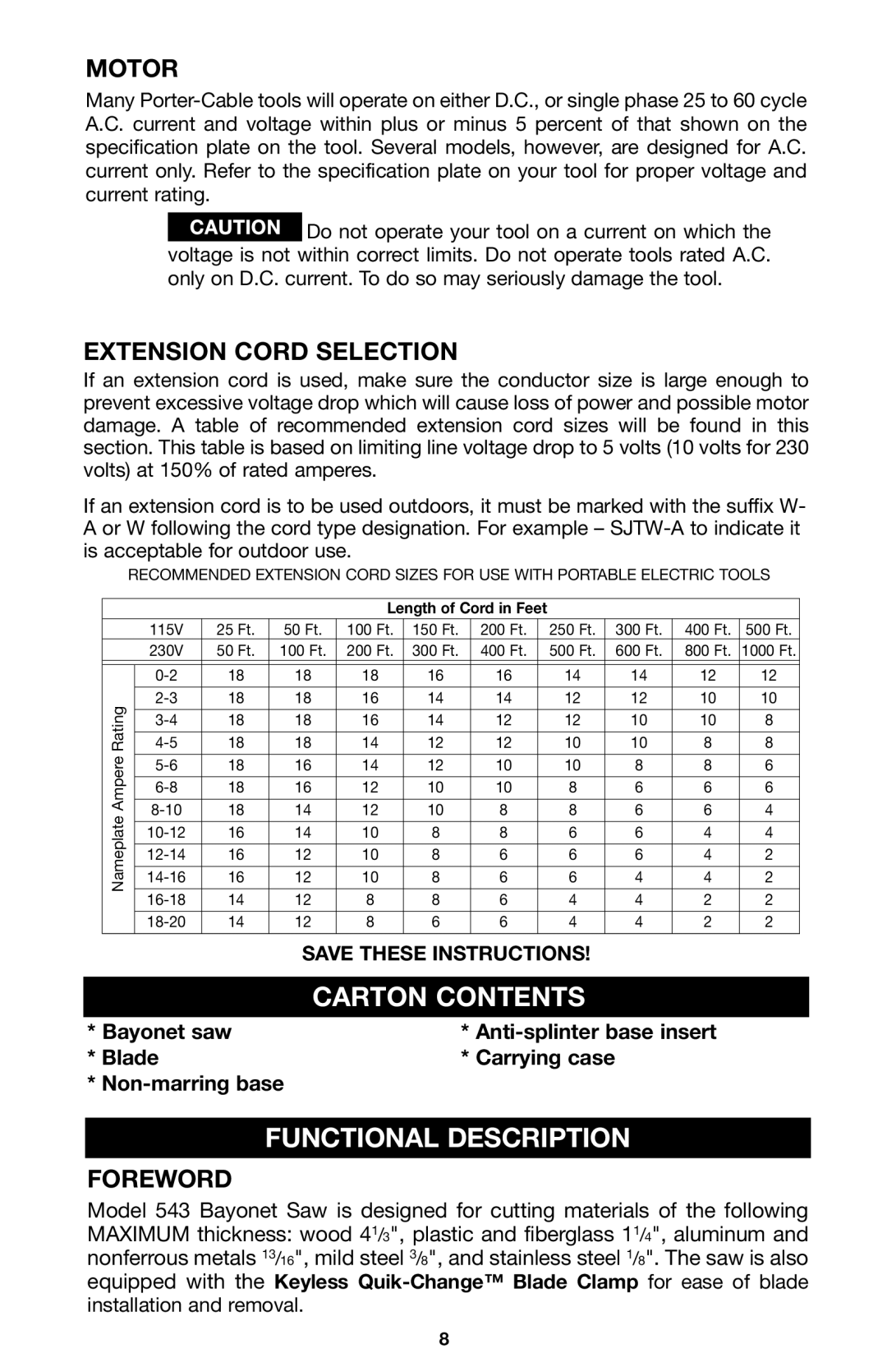 Porter-Cable Model 543 instruction manual Functional Description, Motor, Extension Cord Selection, Foreword 