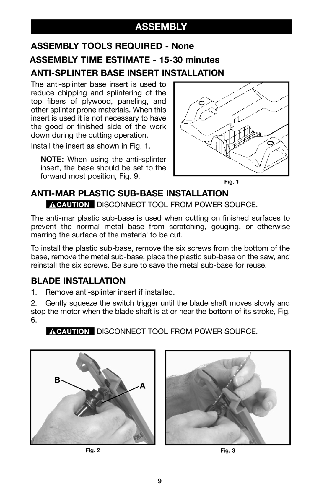 Porter-Cable Model 543 Assembly, ANTI-SPLINTER Base Insert Installation, ANTI-MAR Plastic SUB-BASE Installation 