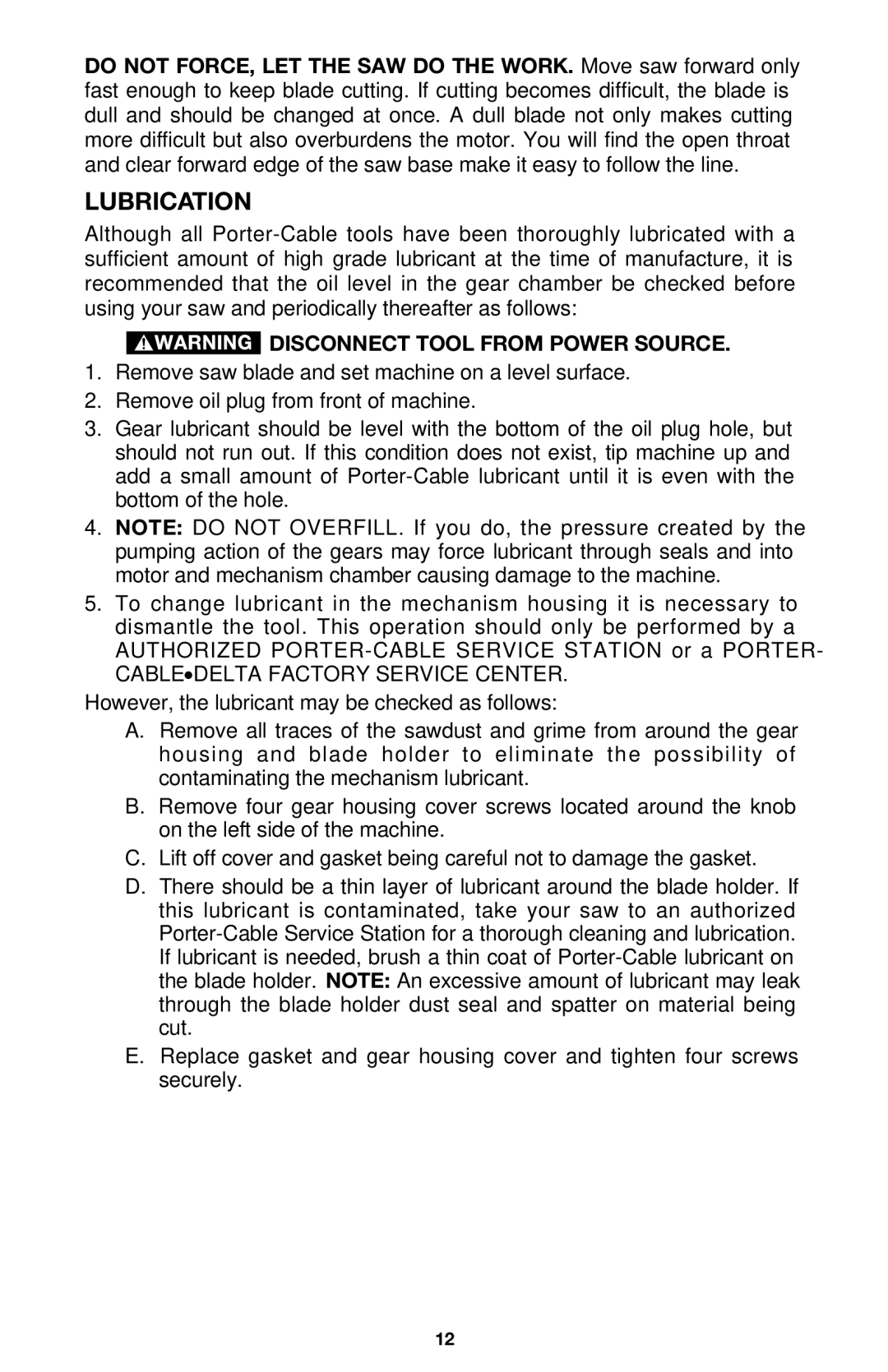 Porter-Cable Model 548 instruction manual Lubrication, Cabledelta Factory Service Center 