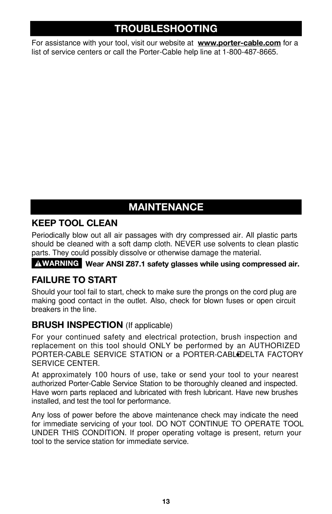 Porter-Cable Model 548 instruction manual Troubleshooting Maintenance, Keep Tool Clean, Failure to Start 