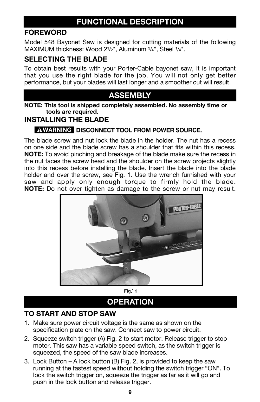 Porter-Cable Model 548 instruction manual Functional Description, Assembly, Operation 