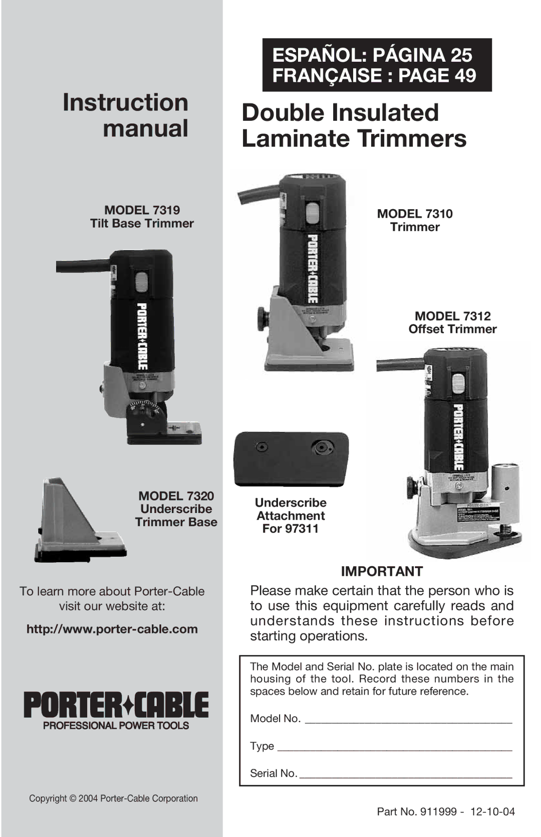 Porter-Cable MODEL 7310 instruction manual Double Insulated 