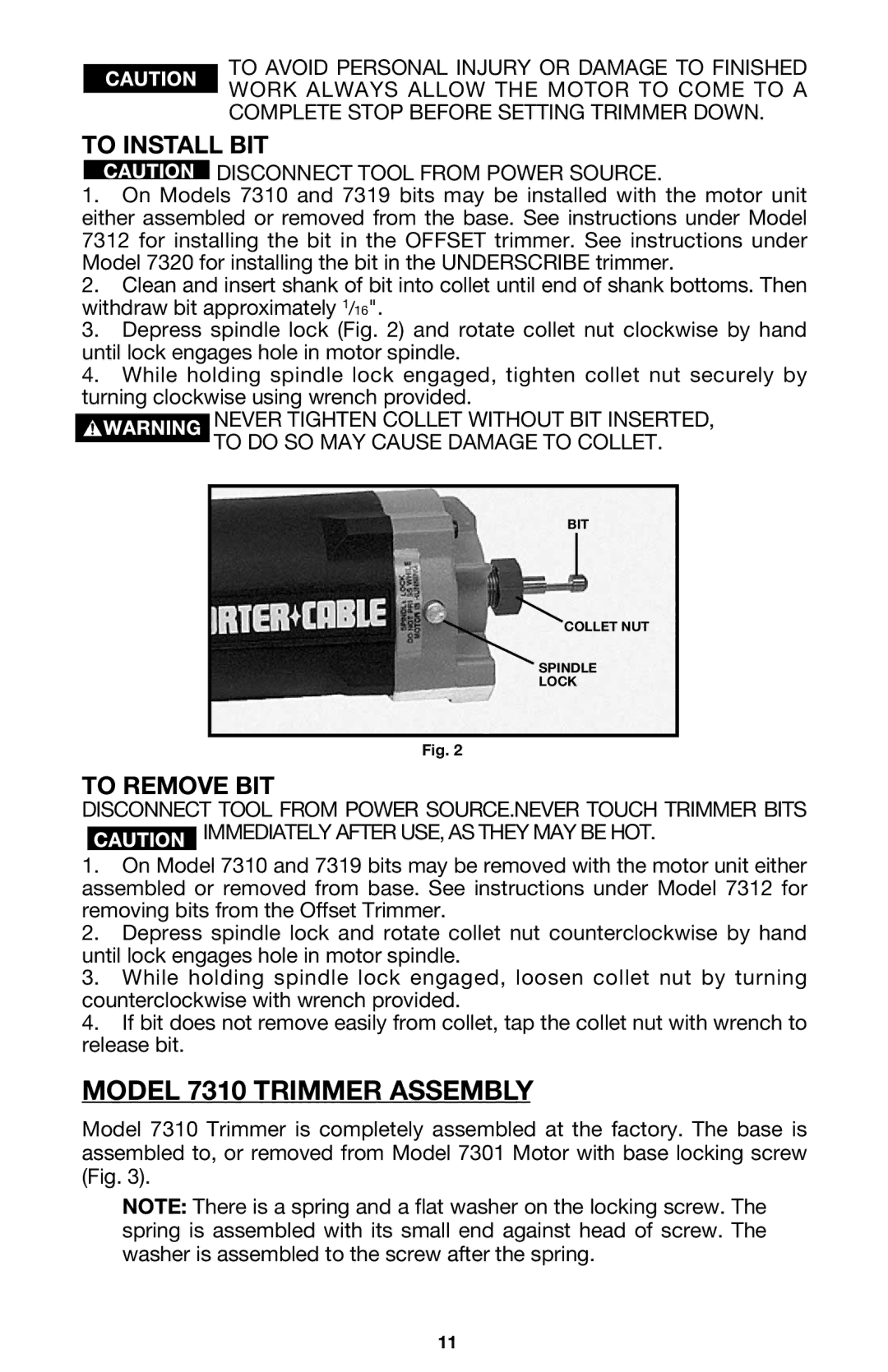 Porter-Cable MODEL 7310 instruction manual Model 7310 Trimmer Assembly, To Install BIT, To Remove BIT 