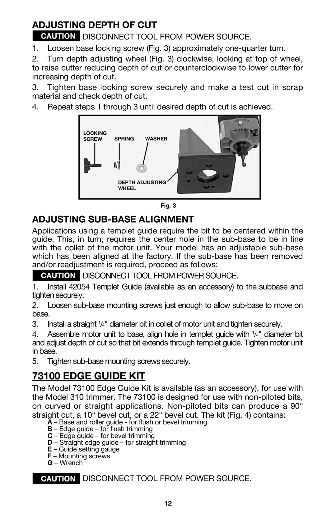 Porter-Cable MODEL 7310 instruction manual Edge Guide KIT, Adjusting Depth of CUT, Adjusting SUB-BASE Alignment 