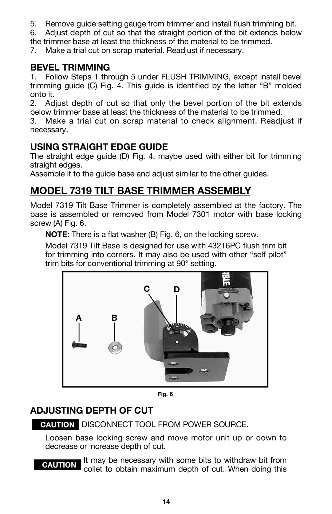 Porter-Cable MODEL 7310 instruction manual Model 7319 Tilt Base Trimmer Assembly, Bevel Trimming, Using Straight Edge Guide 