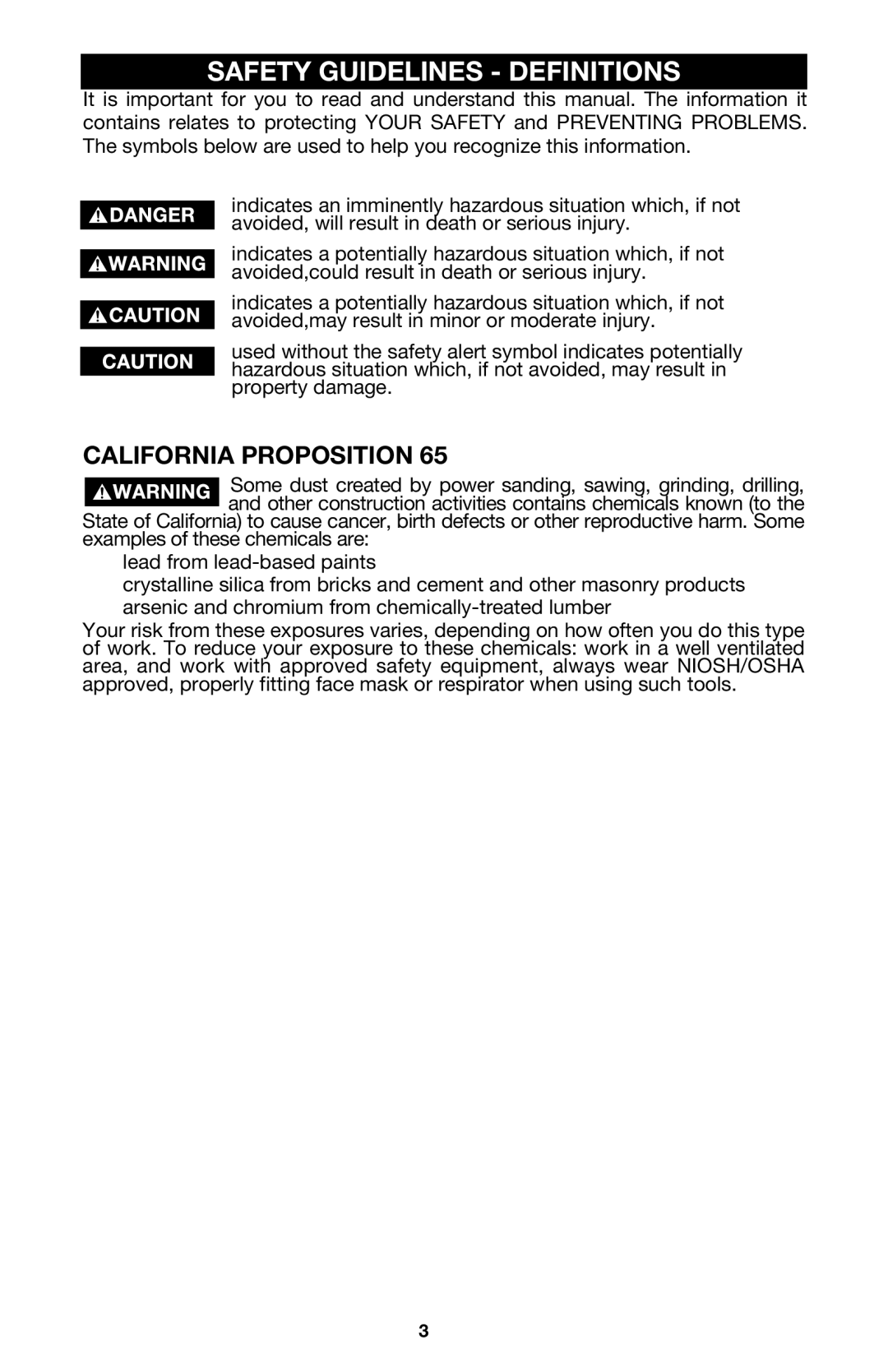 Porter-Cable MODEL 7310 instruction manual Safety Guidelines Definitions, California Proposition 