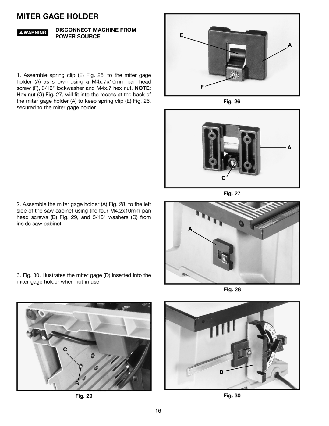 Porter-Cable (Model TS220LS) instruction manual Miter Gage Holder, Disconnect Machine from Power Source 