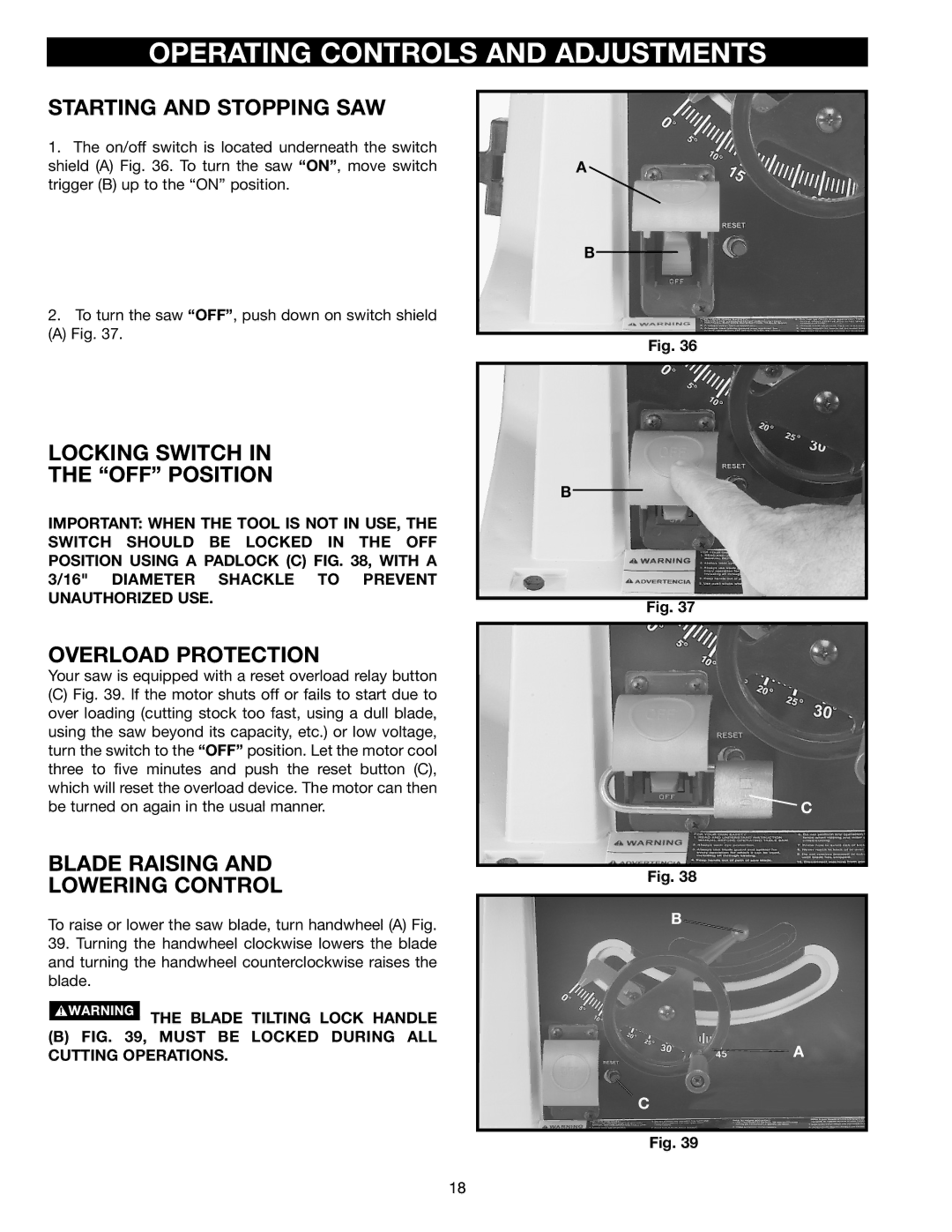 Porter-Cable (Model TS220LS) Operating Controls and Adjustments, Starting and Stopping SAW, Locking Switch OFF Position 