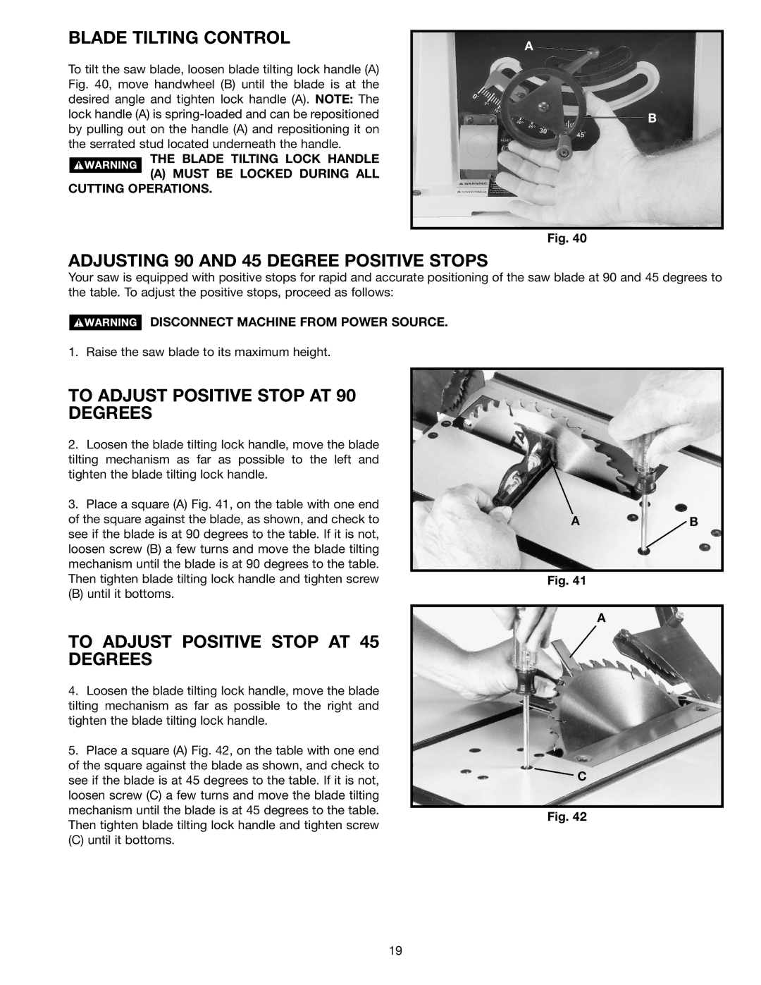 Porter-Cable (Model TS220LS) instruction manual Blade Tilting Control, Adjusting 90 and 45 Degree Positive Stops 