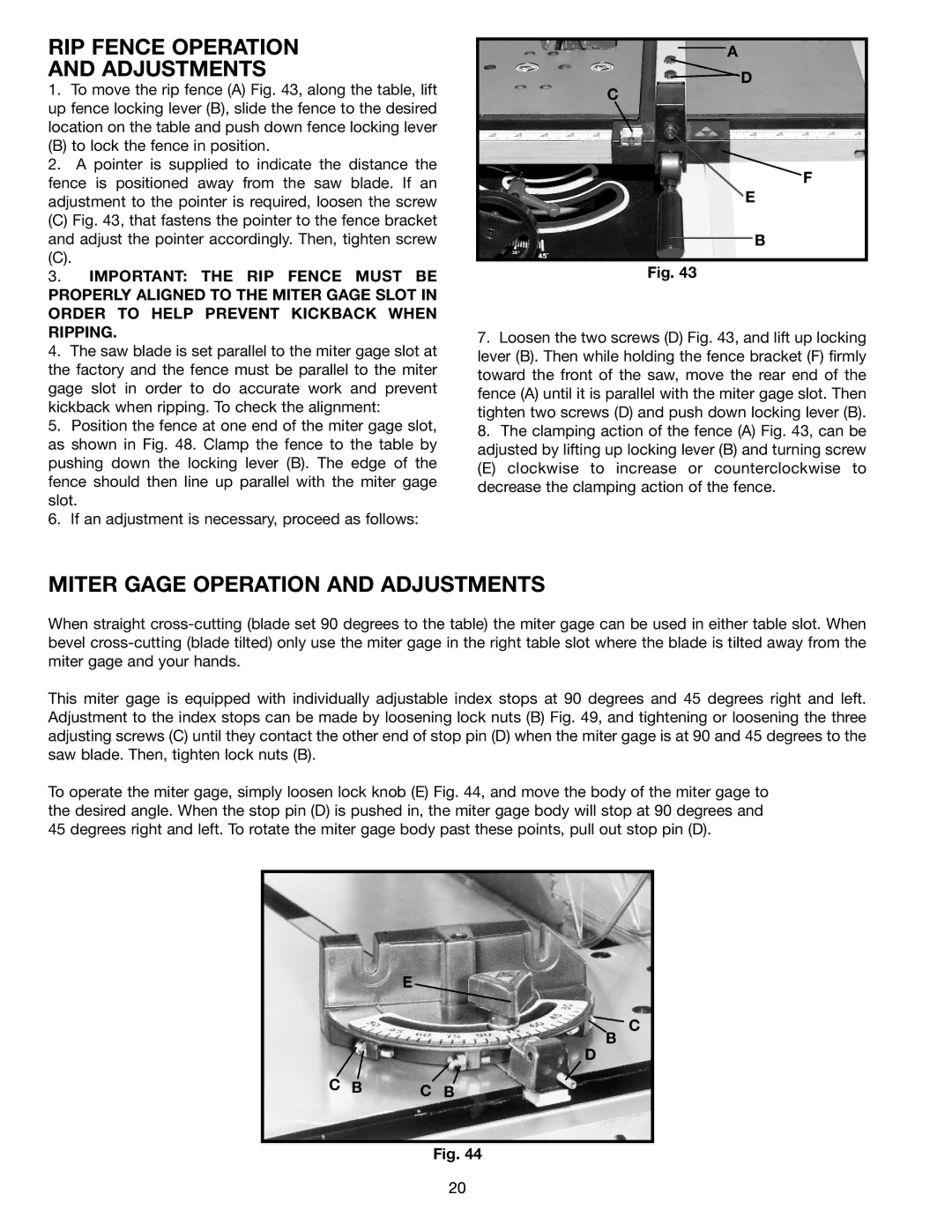 Porter-Cable (Model TS220LS) instruction manual RIP Fence Operation Adjustments, Miter Gage Operation and Adjustments, C B 