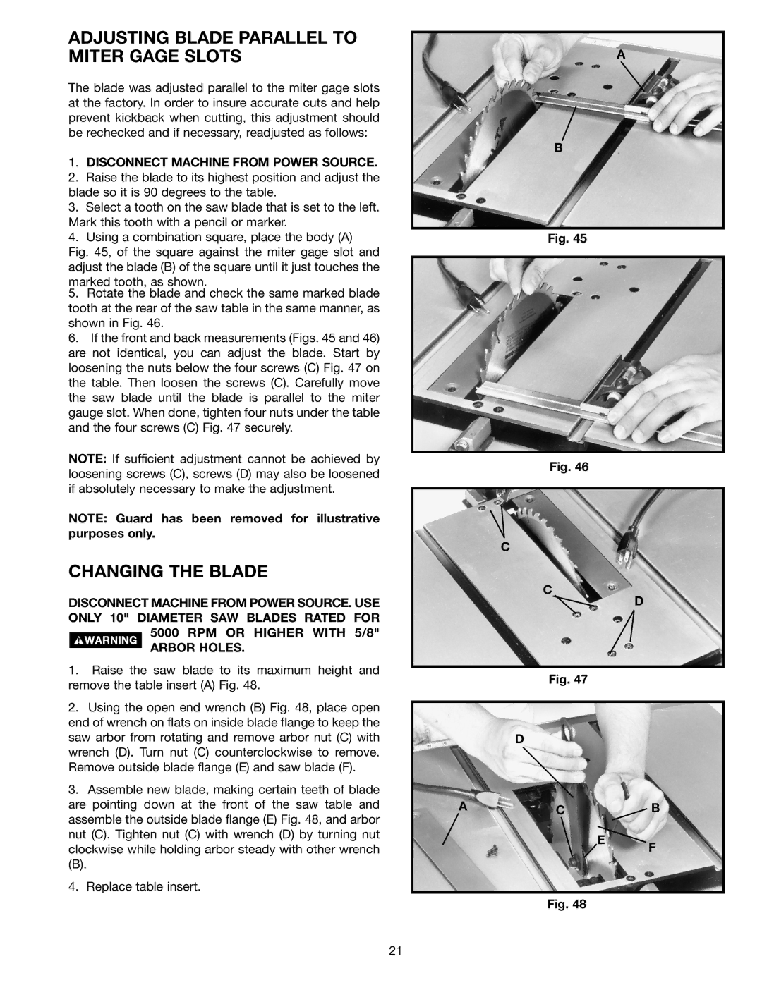 Porter-Cable (Model TS220LS) instruction manual Adjusting Blade Parallel to Miter Gage Slots, Changing the Blade, Acb 