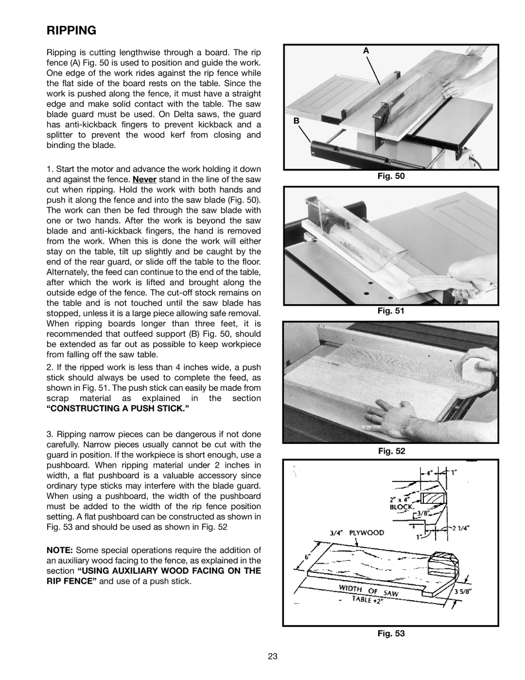 Porter-Cable (Model TS220LS) instruction manual Ripping, Constructing a Push Stick 