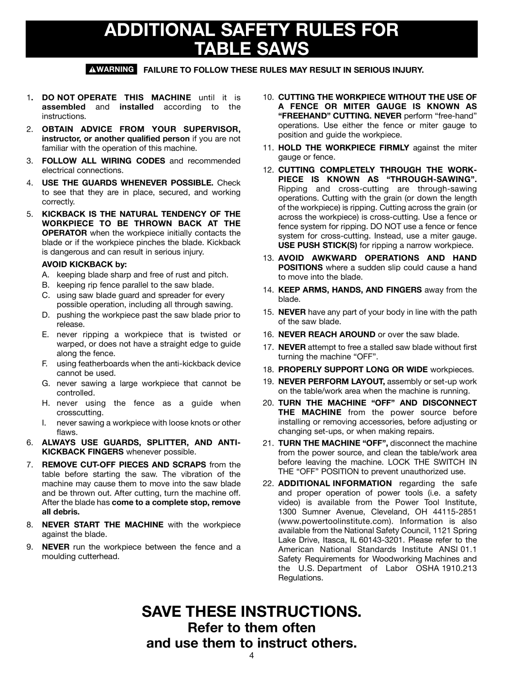 Porter-Cable (Model TS220LS) instruction manual Additional Safety Rules for Table Saws 