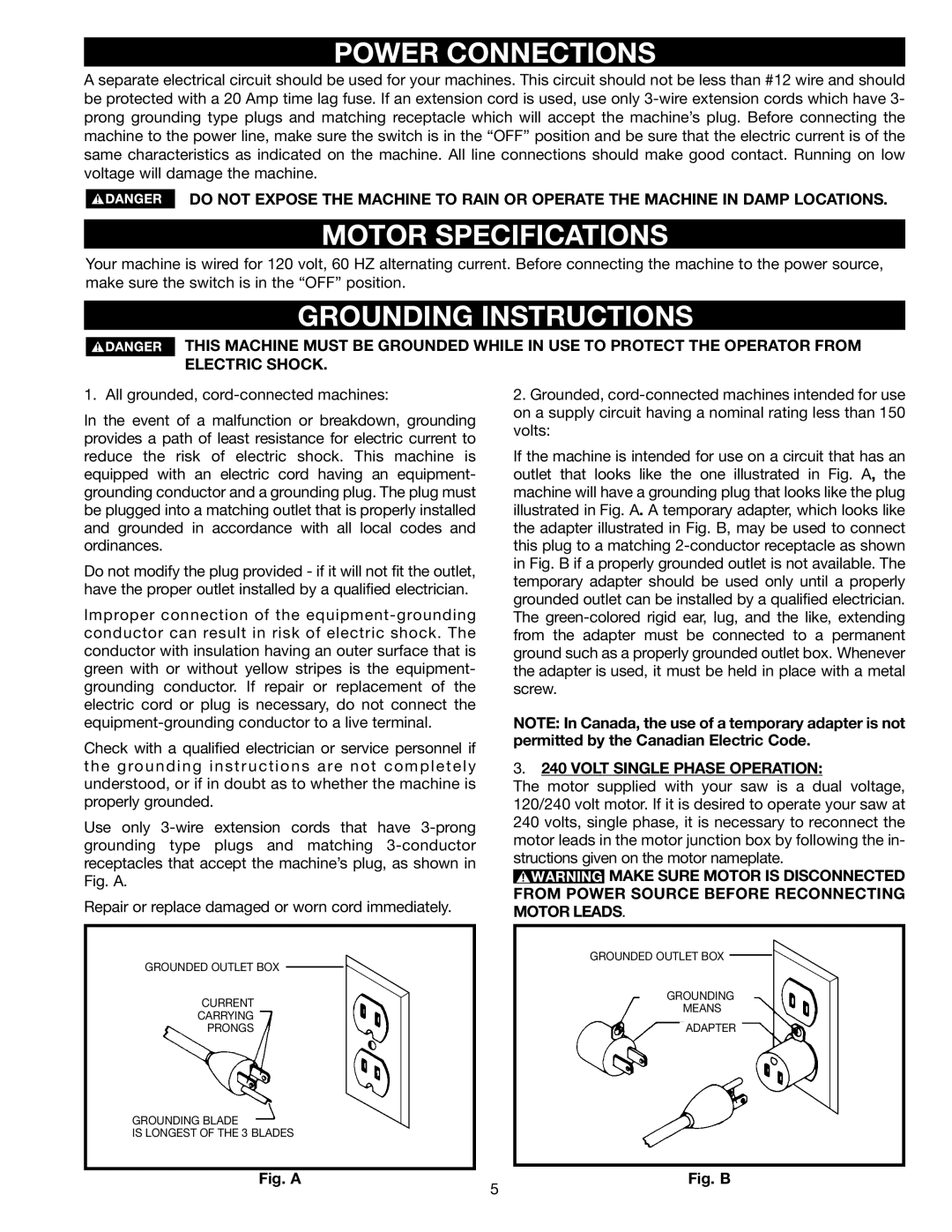 Porter-Cable (Model TS220LS) Power Connections, Motor Specifications, Grounding Instructions, Volt Single Phase Operation 