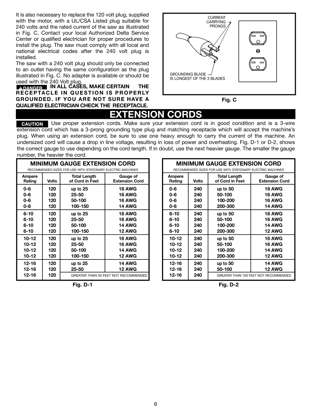 Porter-Cable (Model TS220LS) instruction manual Extension Cords, Minimum Gauge Extension Cord 