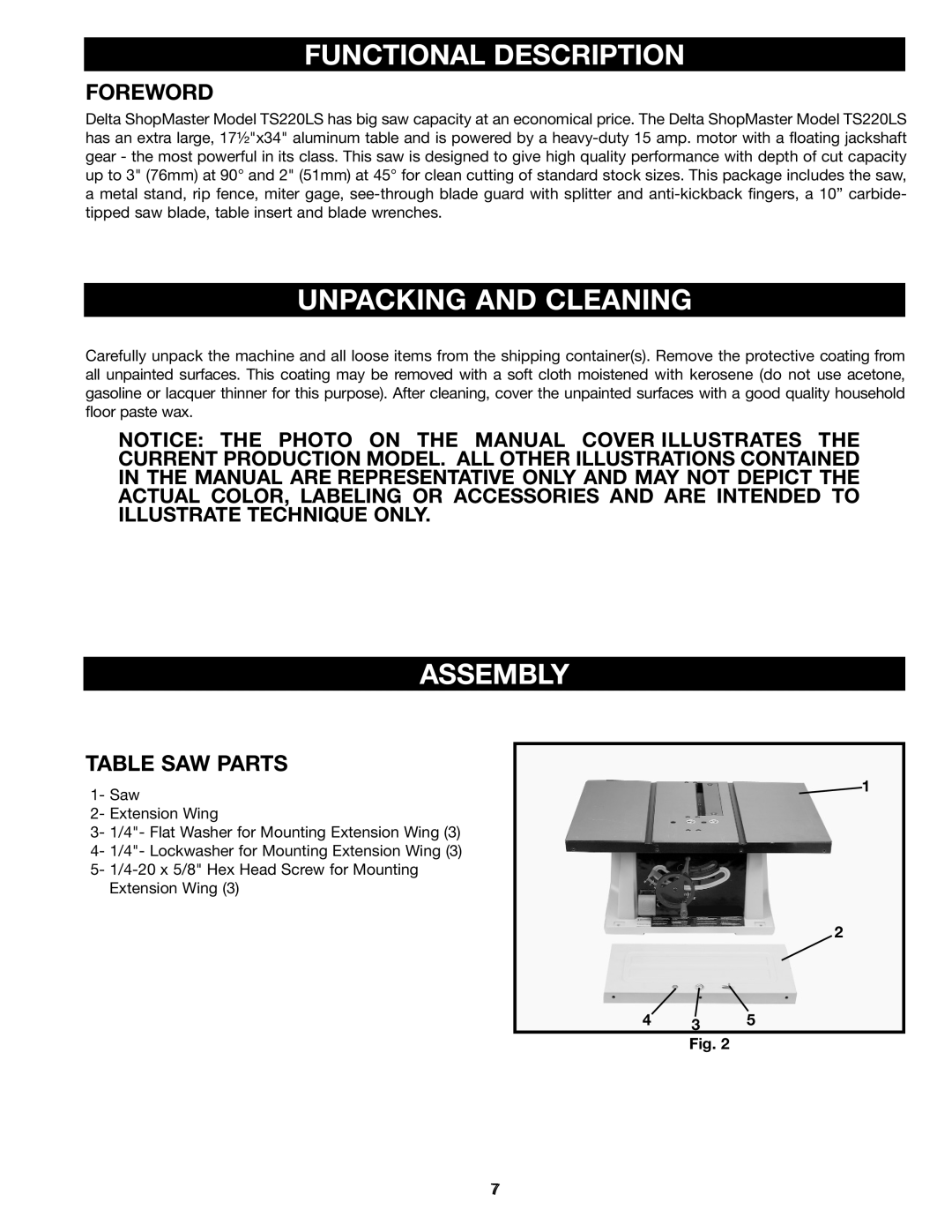 Porter-Cable (Model TS220LS) Functional Description, Unpacking and Cleaning, Assembly, Foreword, Table SAW Parts 