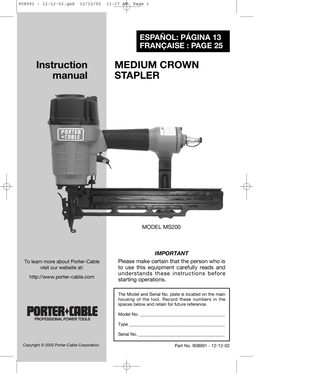 Porter-Cable MS200 instruction manual Instruction Medium Crown Manual Stapler 