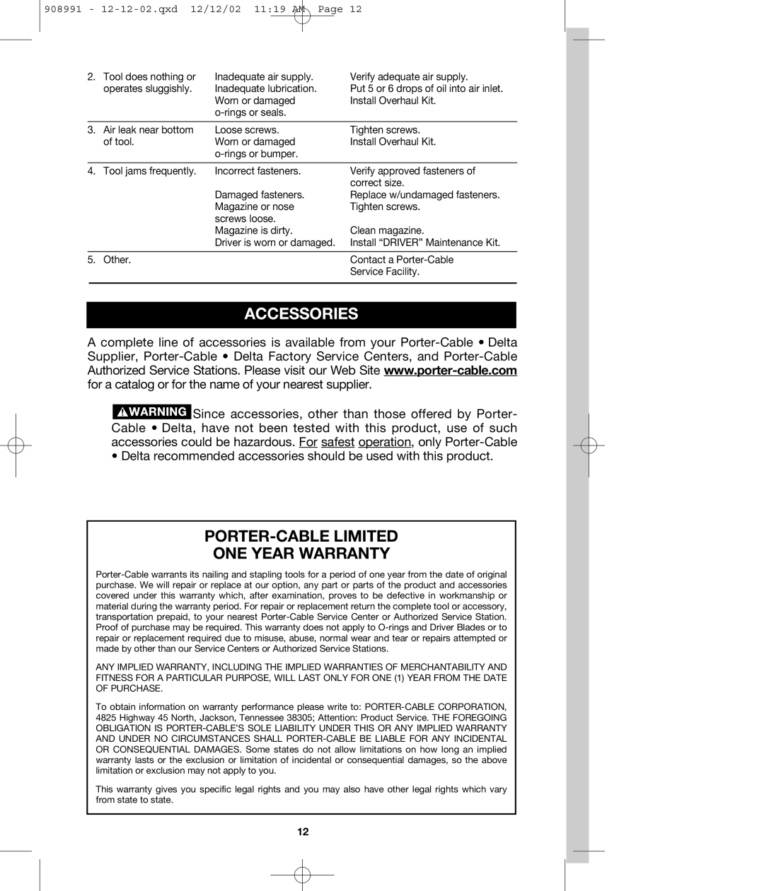 Porter-Cable MS200 instruction manual Accessories, PORTER-CABLE Limited ONE Year Warranty 