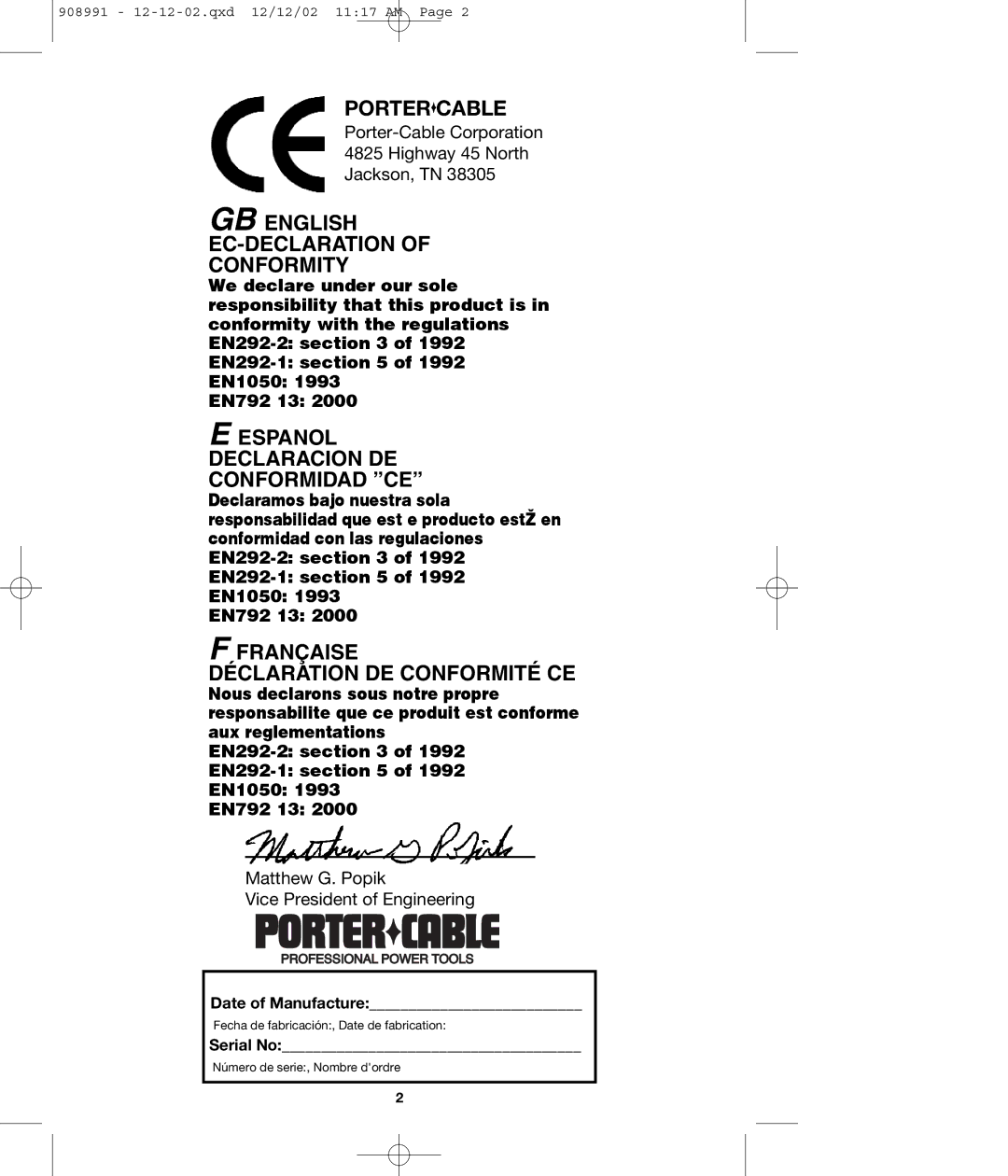 Porter-Cable MS200 instruction manual Portercable 