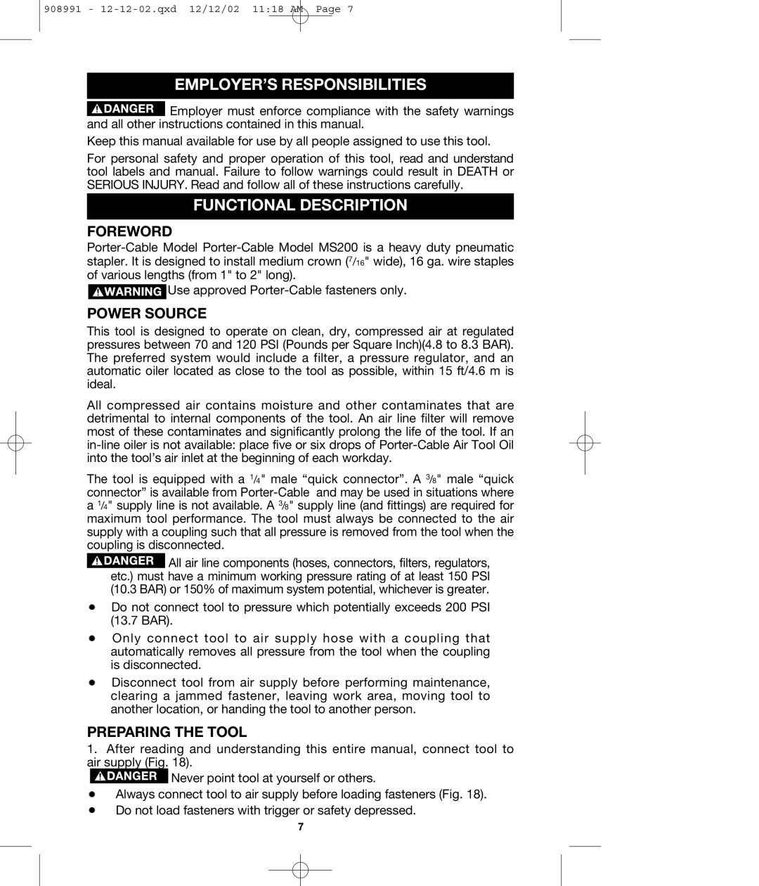 Porter-Cable MS200 EMPLOYER’S Responsibilities, Functional Description, Foreword, Power Source, Preparing the Tool 