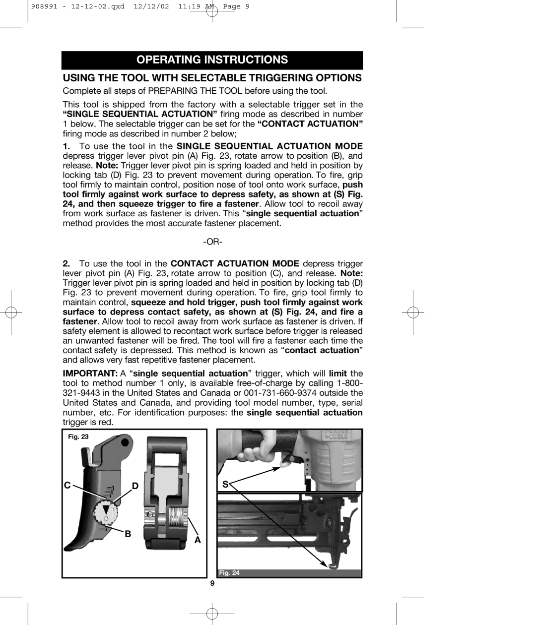 Porter-Cable MS200 instruction manual Operating Instructions, Using the Tool with Selectable Triggering Options 