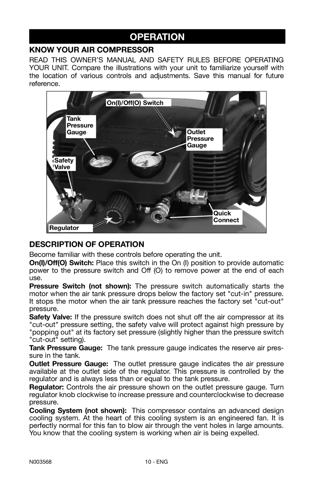 Porter-Cable N003568 instruction manual Know Your Air Compressor, Description of Operation 