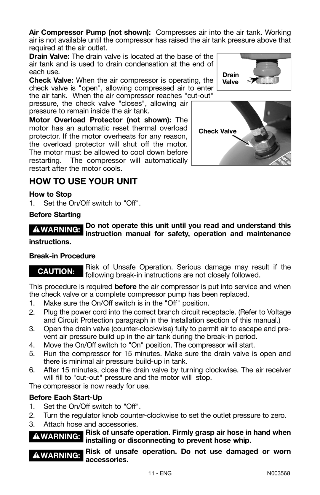 Porter-Cable N003568 instruction manual Check Valve, Motor Overload Protector not shown, How to Stop, Before Each Start-Up 